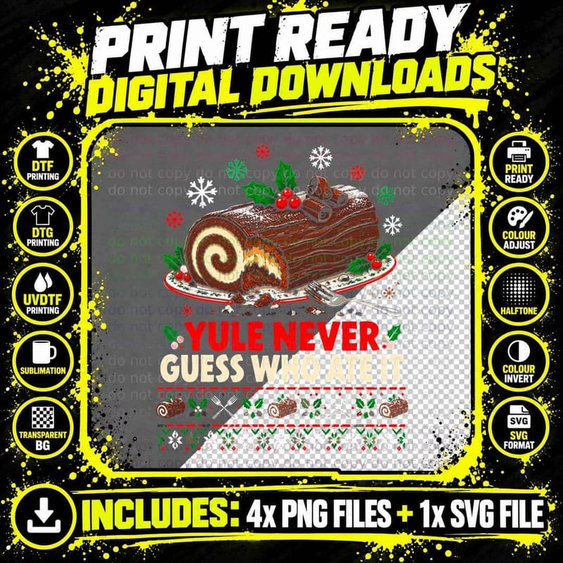 Funny Yule Log Christmas Ugly Sweater Chocolate Dessert Png SVG Digital Bundle