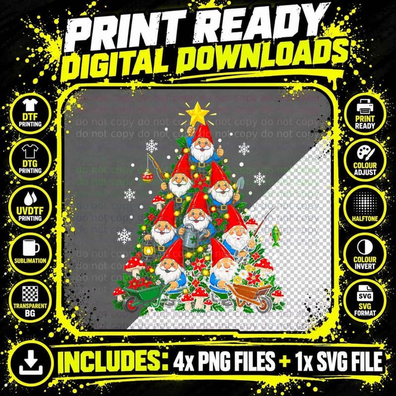 Garden Gnome Christmas Tree Funny Gnomes Red Hats Png SVG Digital Bundle