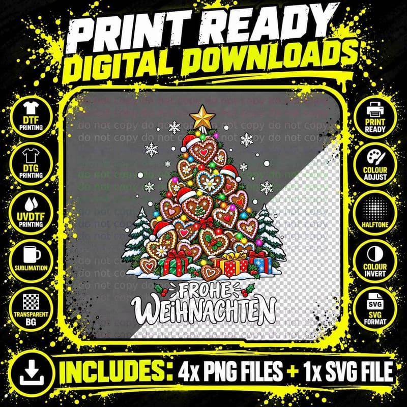 German Gingerbread Heart Christmas Tree Frohe Png SVG Digital Bundle