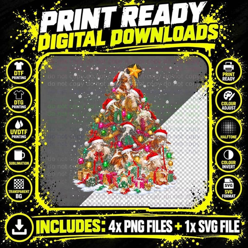 Goat Christmas Tree Tinsel Trouble Santa Hats Cute Farm Png SVG Digital Bundle