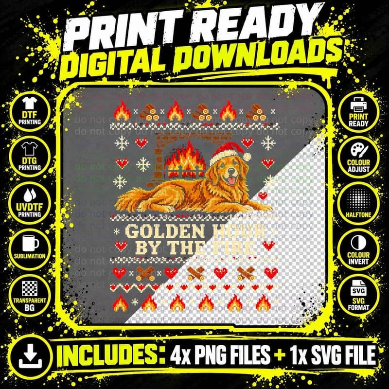 Golden Retriever Santa Hat by the Fire Golden Hour Xmas Png SVG Digital Bundle
