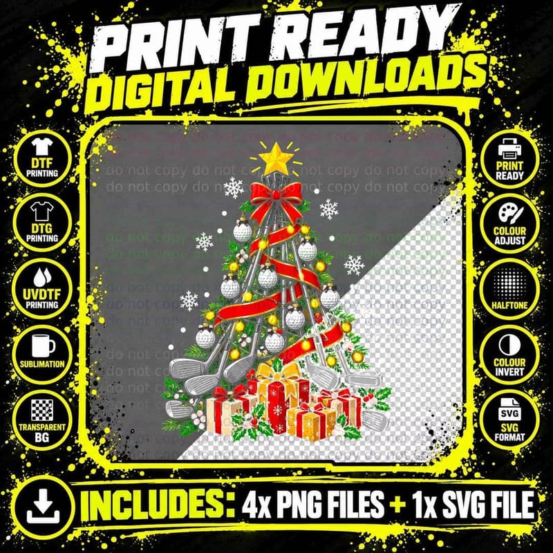 Golf Club Christmas Tree Golf Lover Cartoon Holiday Png SVG Digital Bundle