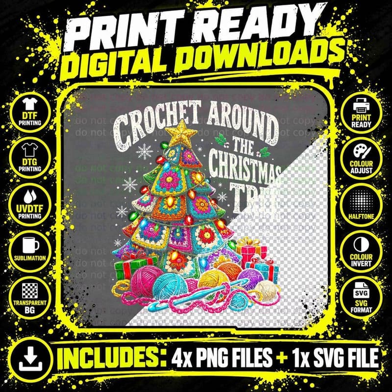 Granny Square Crochet Around the Christmas Tree Yarn Png SVG Digital Bundle