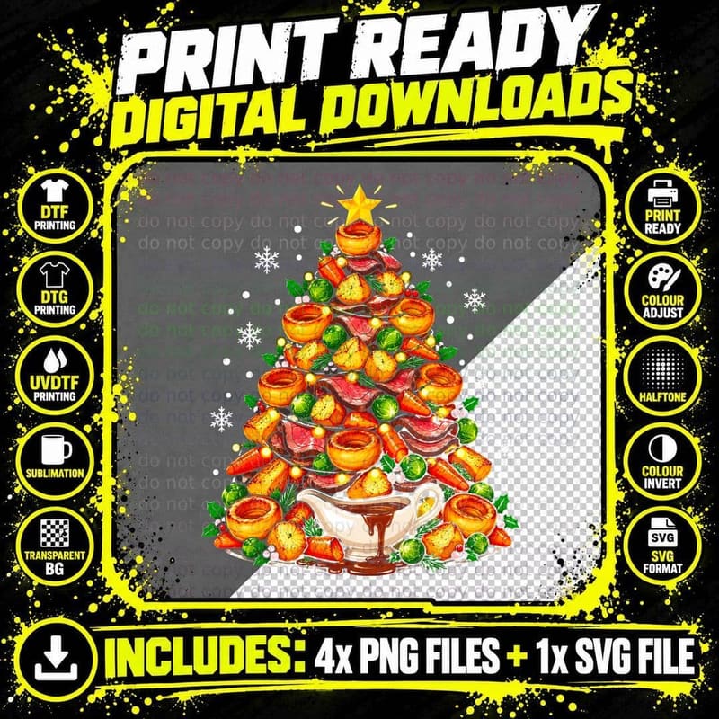 Great British Roast Dinner Christmas Tree Yorkshire Png SVG Digital Bundle