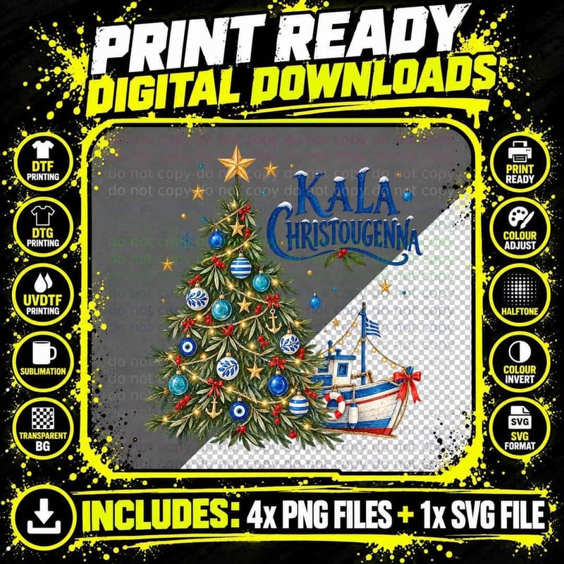Greek Fishing Boat Christmas Watercolour Kala Png SVG Digital Bundle