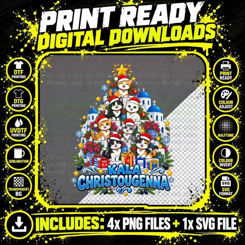 Greek Island Cat Christmas Tree Kala Christougenna Png SVG Digital Bundle