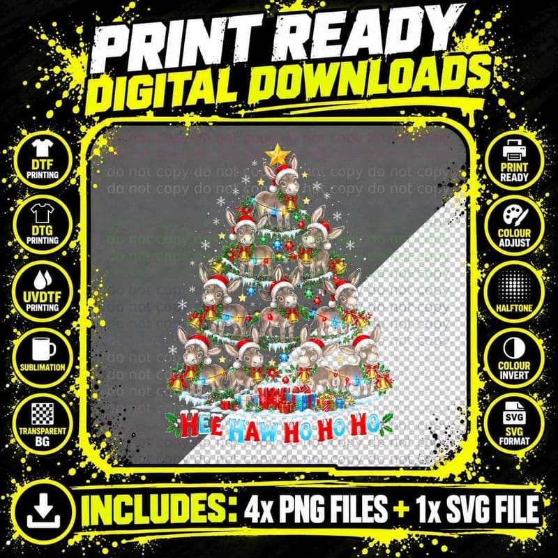 Grey Donkey Christmas Tree Hee Haw Ho Ho Ho Funny Png SVG Digital Bundle