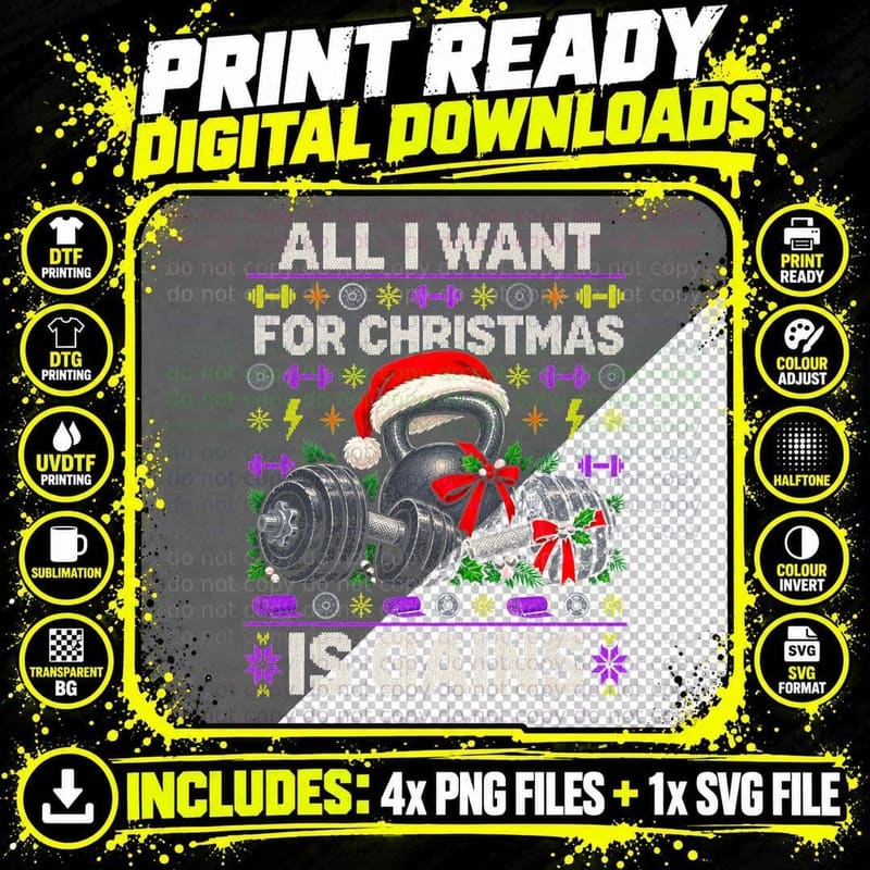Gym Christmas Ugly Sweater Weightlifting Kettlebell Png SVG Digital Bundle