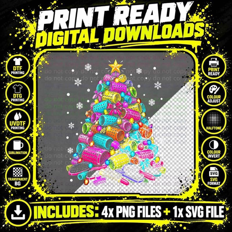 Hair Roller Christmas Tree Colourful Hairdresser Salon Png SVG Digital Bundle