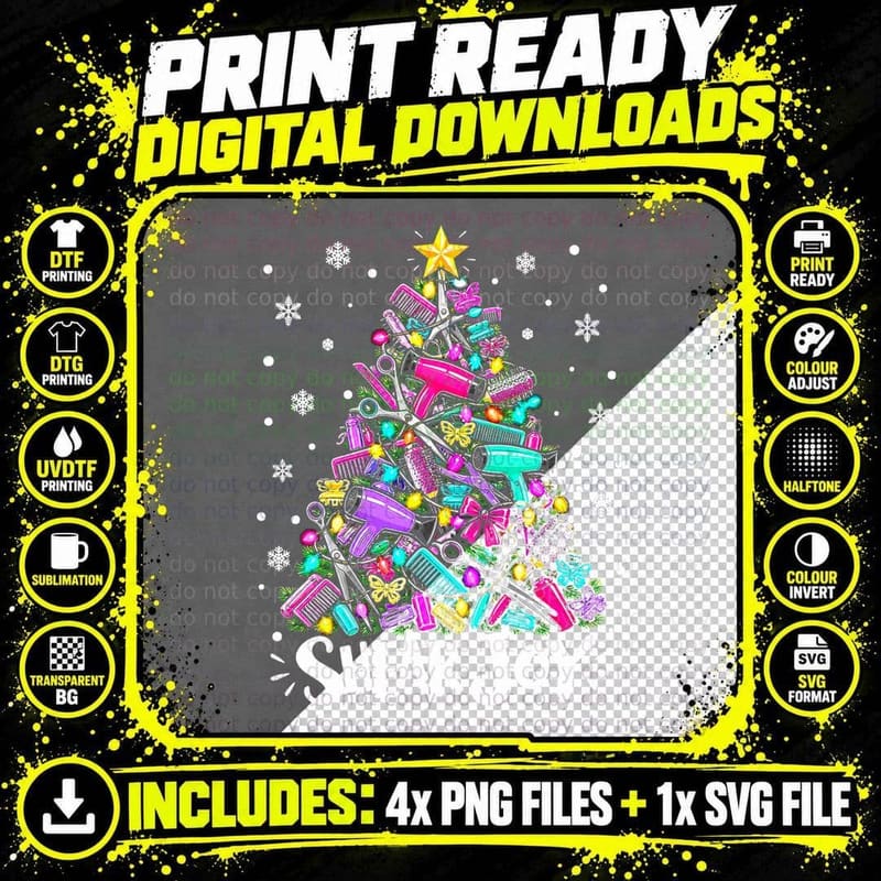 Hairdresser Christmas Tree Shear Joy Scissors Combs Png SVG Digital Bundle