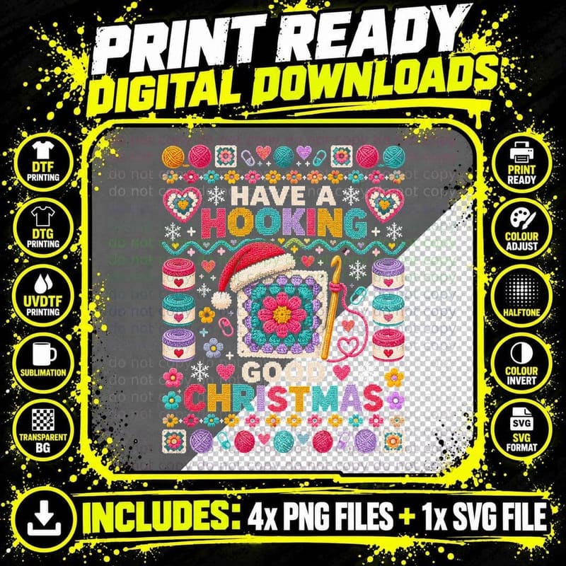 Have a Hooking Good Christmas Crochet Granny Square Png SVG Digital Bundle