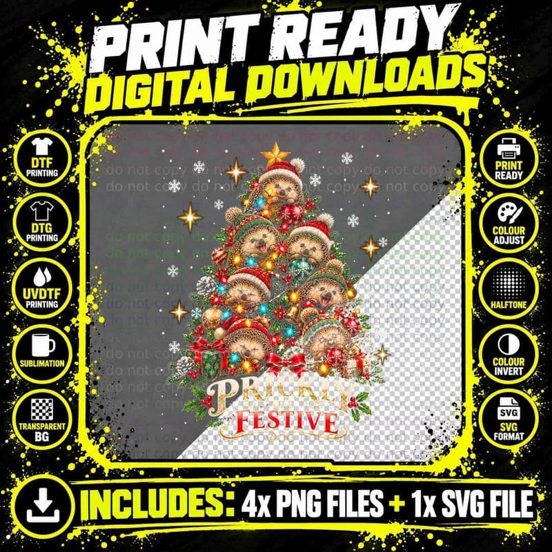 Hedgehog Christmas Watercolour Prickly But Festive Funny Png SVG Digital Bundle