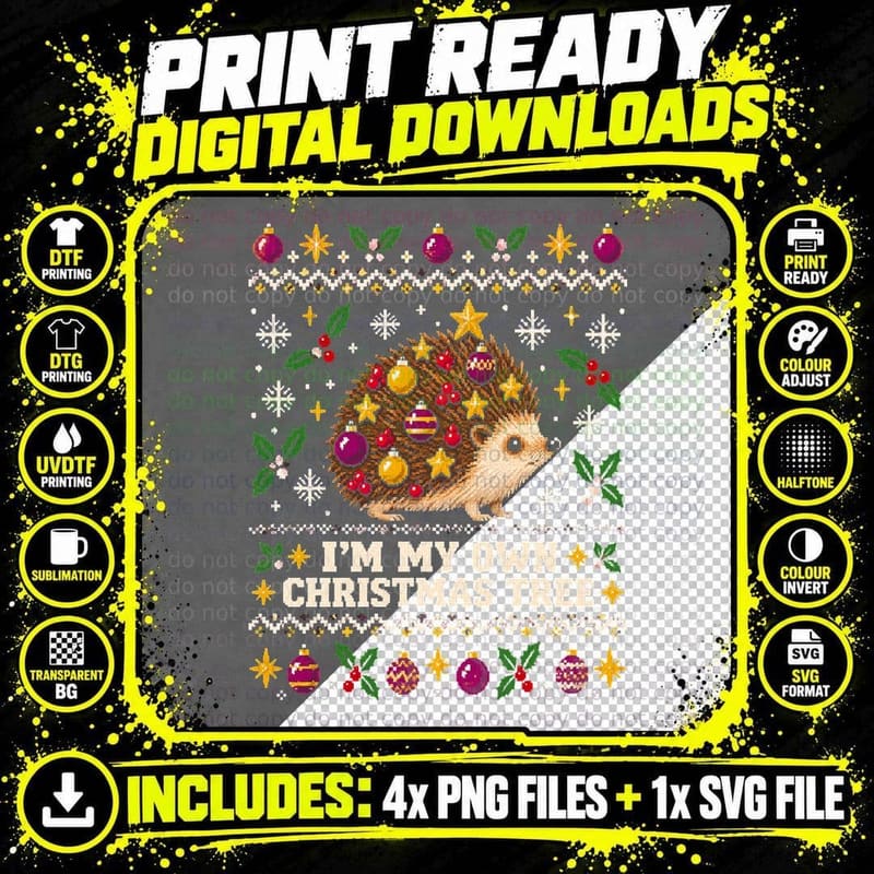 Hedgehog I'm My Own Christmas Tree Baubles Ugly Sweater Png SVG Digital Bundle