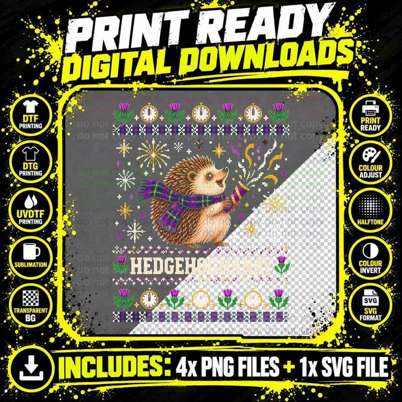 Hedgehogmanay Hedgehog New Year Party Popper Ugly Png SVG Digital Bundle