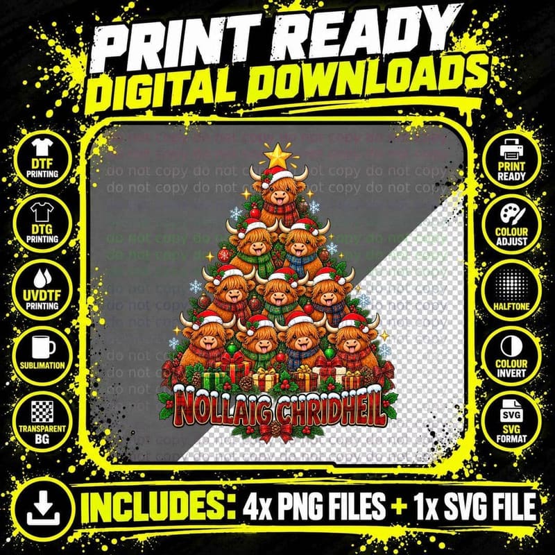 Highland Cow Christmas Tree Nollaig Chridheil Scottish Png SVG Digital Bundle