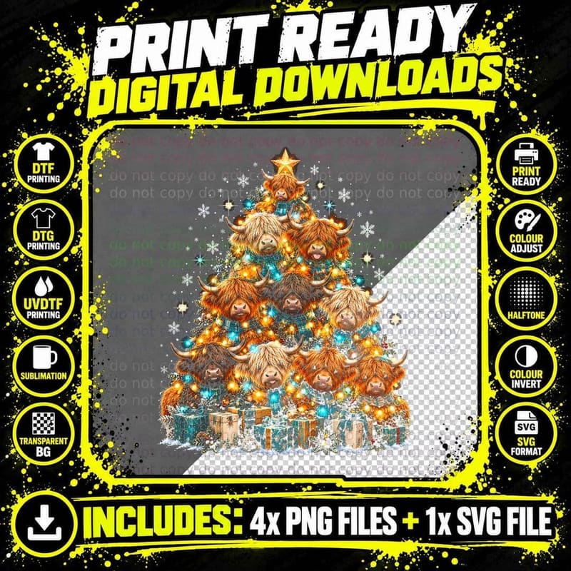 Highland Cows All Aglow Christmas Tree Fairy Lights Png SVG Digital Bundle