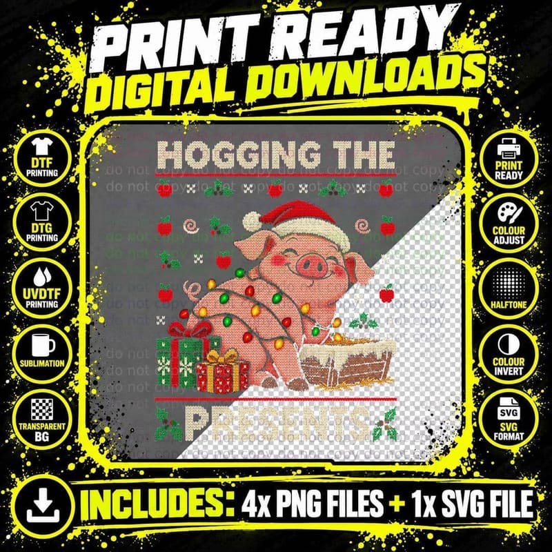 Hogging The Presents Pink Pig Christmas Ugly Sweater Png SVG Digital Bundle