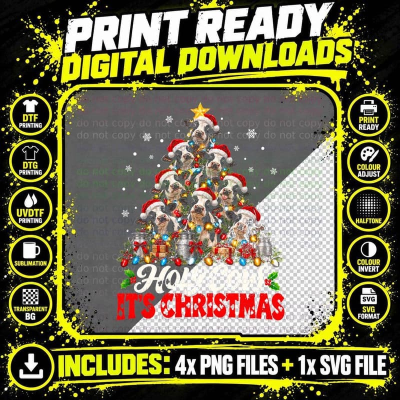 Holy Cow It's Christmas Dairy Cow Farm Animal Funny Png SVG Digital Bundle