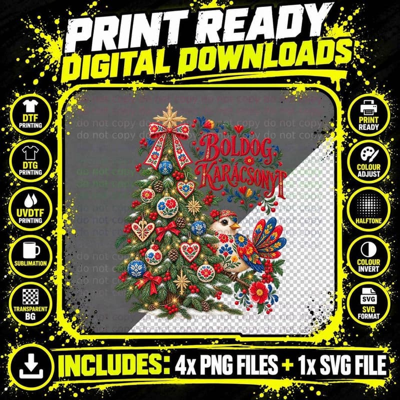 Hungarian Matyó Bird Christmas Watercolour Folk Boldog Png SVG Digital Bundle