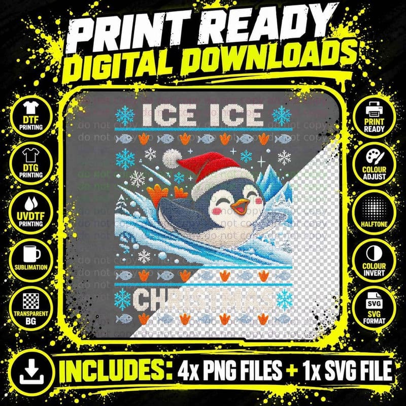 Ice Ice Christmas Sliding Penguin Santa Hat Ugly Sweater Png SVG Digital Bundle