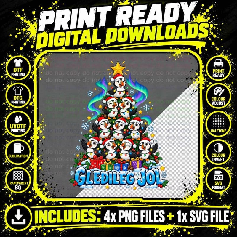 Icelandic Puffin Christmas Tree Gledileg Jol Northern Png SVG Digital Bundle