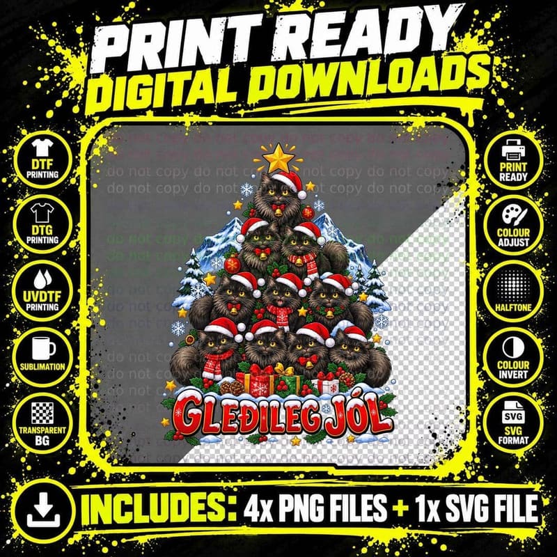 Icelandic Yule Cat Christmas Tree Gledileg Jol Png SVG Digital Bundle