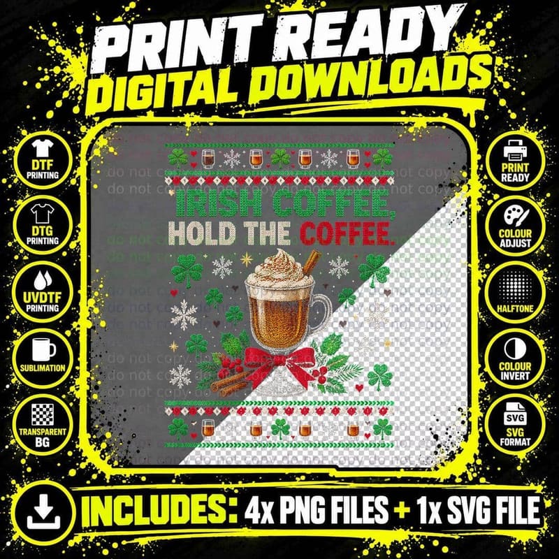 Irish Coffee Ugly Christmas Sweater Coffee Lover Png SVG Digital Bundle