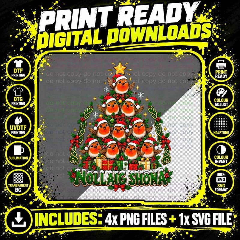 Irish Robin Christmas Tree Nollaig Shona Celtic Bird Png SVG Digital Bundle