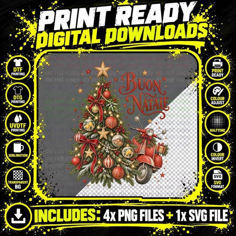 Italian Scooter Christmas Watercolour Buon Natale Retro Png SVG Digital Bundle