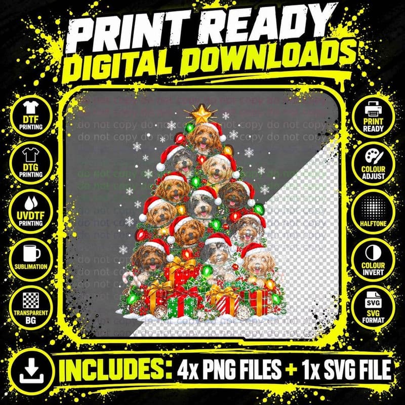 Jackapoo Christmas Tree Santa Hats Cute Poodle Mix Dog Png SVG Digital Bundle