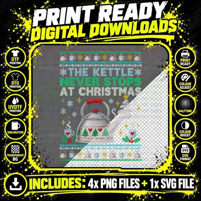 Kettle Ugly Christmas Sweater Tea Lover Christmas Humor Png SVG Digital Bundle