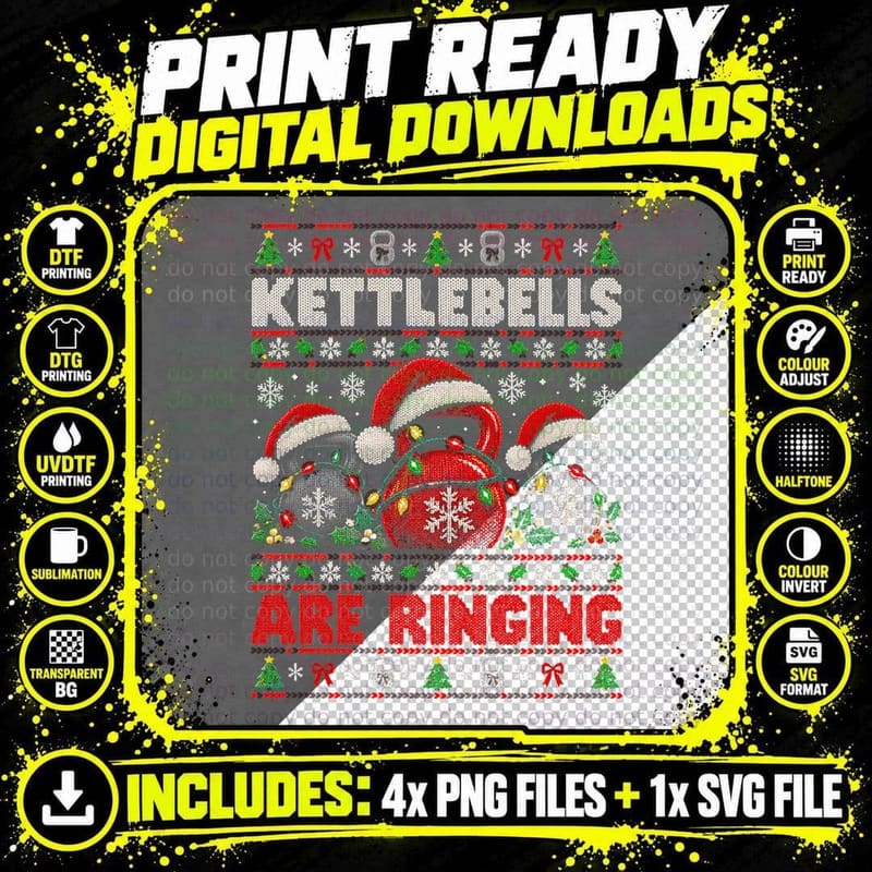 Kettlebell Christmas Ugly Sweater Gym Fitness Workout Png SVG Digital Bundle