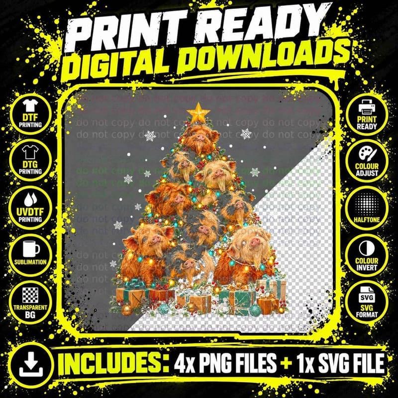 Kunekune Pig Christmas Tree Fluffy Farm Animal Holiday Png SVG Digital Bundle