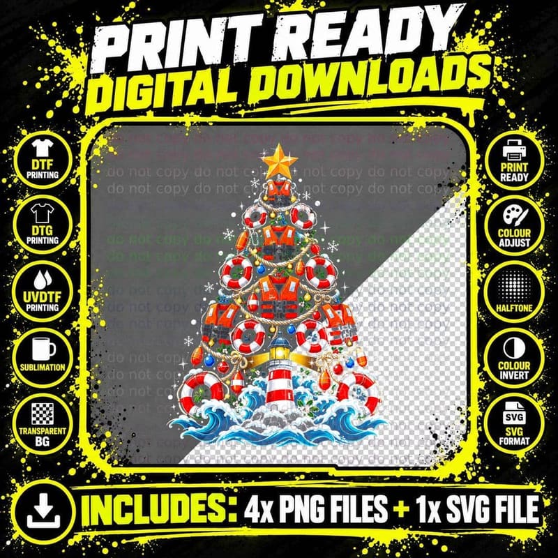 Lifeboat Crew Christmas Tree Lighthouse Life Rings Png SVG Digital Bundle
