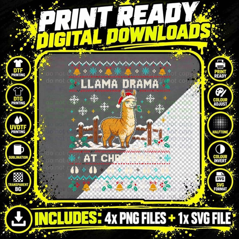 Llama Drama At Christmas Llama Snowy Fence Ugly Sweater Png SVG Digital Bundle