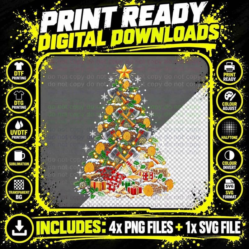 Lumberjack Christmas Tree Axes Logs Plaid Woodsman Png SVG Digital Bundle