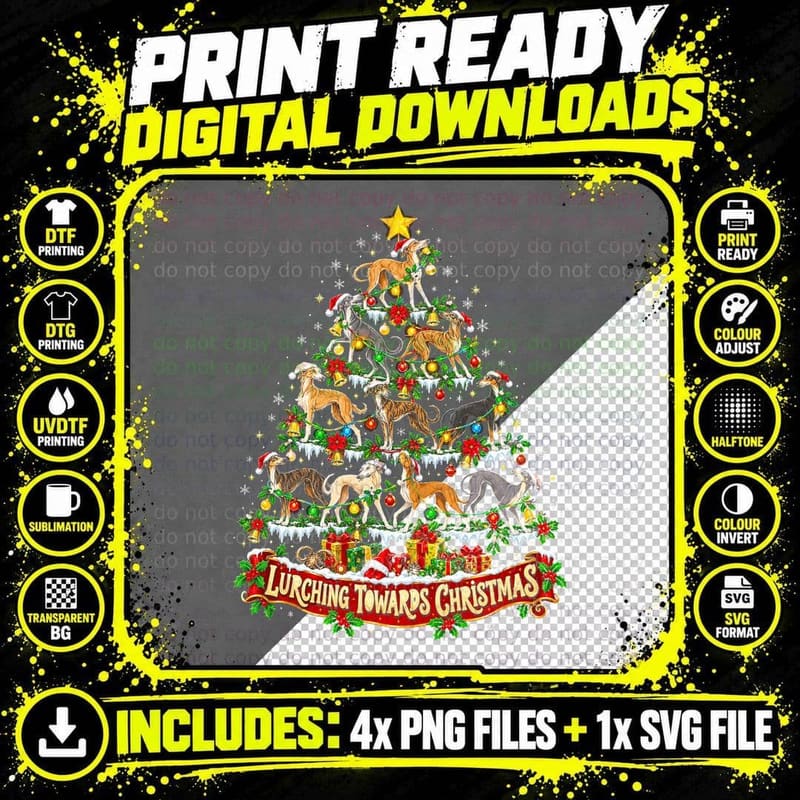 Lurcher Christmas Tree Retro Dog Lover Holiday Png SVG Digital Bundle