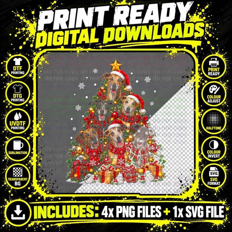 Lurcher Dogs Tartan Scarves Santa Hat Christmas Tree Dog Png SVG Digital Bundle