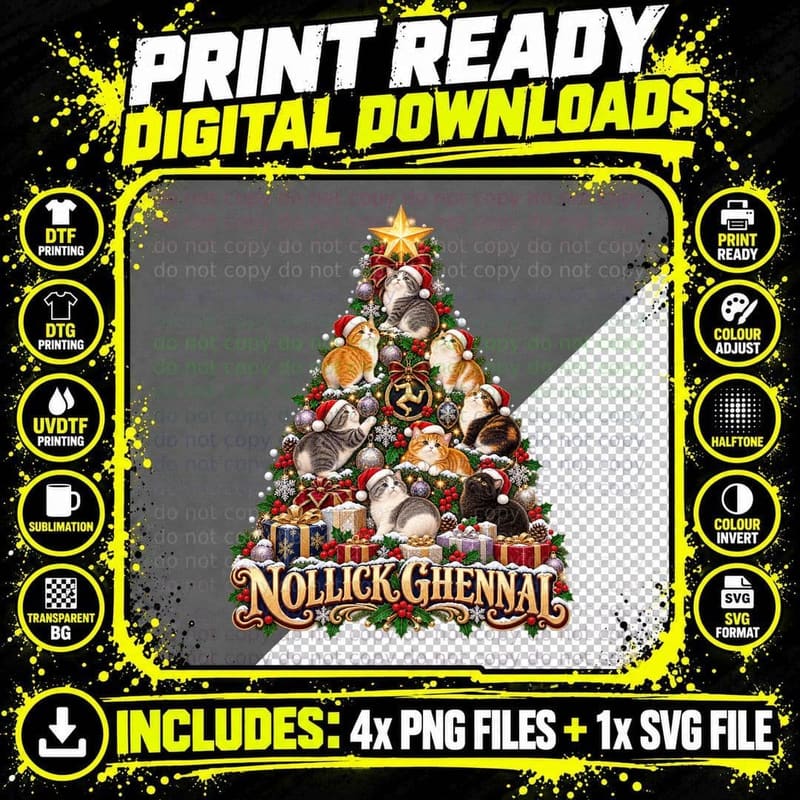 Manx Cat Christmas Tree Isle of Man Nollick Ghennal Png SVG Digital Bundle