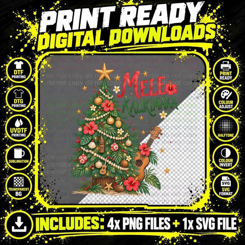 Mele Kalikimaka Hawaiian Christmas Watercolour Ukulele Png SVG Digital Bundle