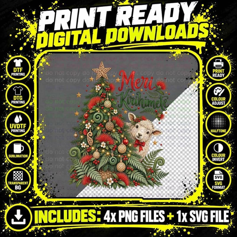 Meri Kirihimete New Zealand Sheep Christmas Watercolour Png SVG Digital Bundle