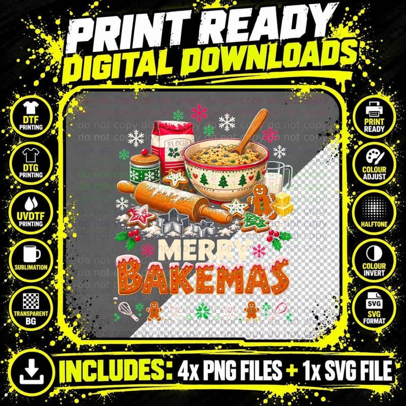 Merry Bakemas Baker Rolling Pin Mixing Bowl Christmas Png SVG Digital Bundle