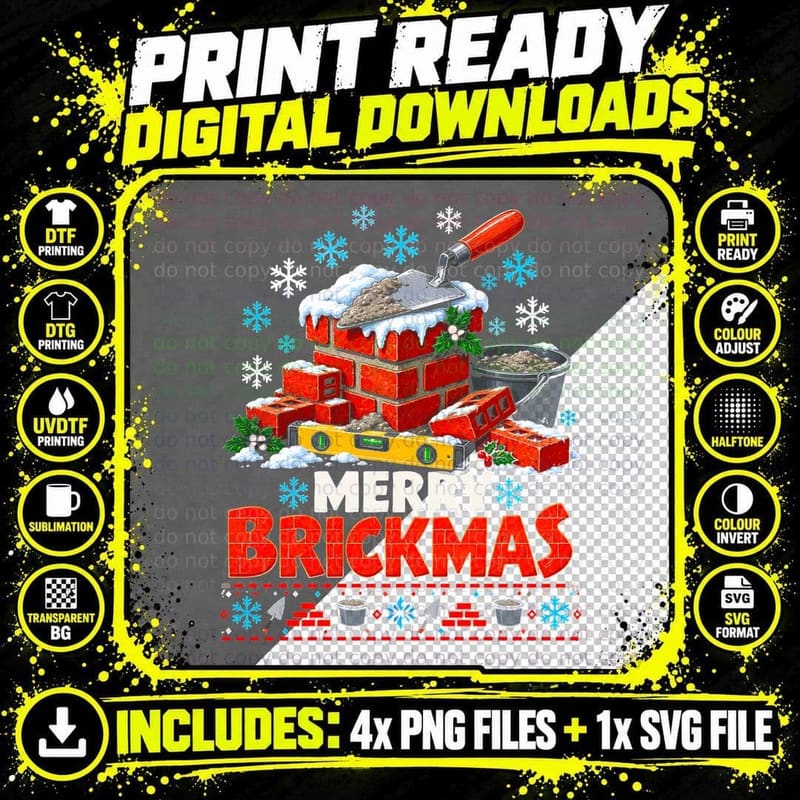Merry Brickmas Bricklayer Trowel and Bricks Builder Png SVG Digital Bundle