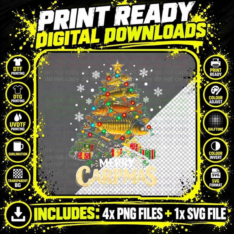 Merry Carpmas Carp Fishing Christmas Retro Angler Png SVG Digital Bundle
