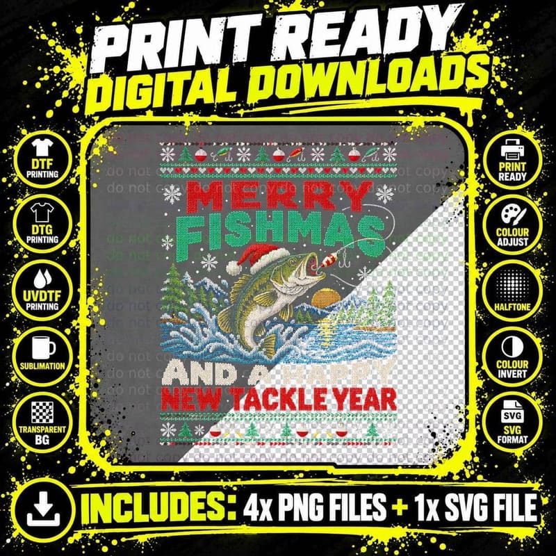 Merry Fishmas Bass Angler Fishing Christmas Ugly Sweater Png SVG Digital Bundle