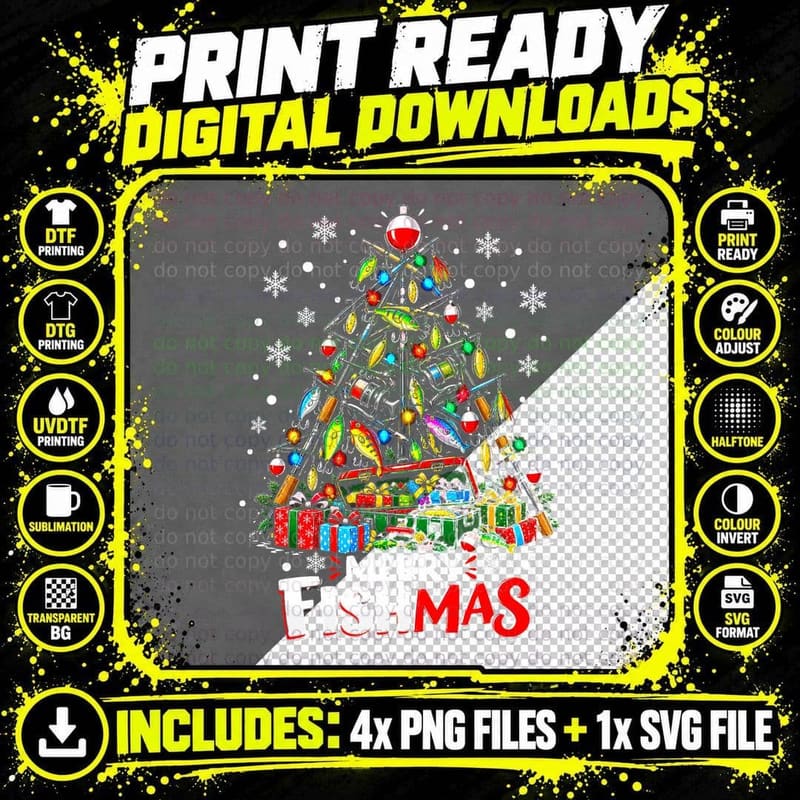 Merry Fishmas Fishing Christmas Angler Retro Funny Png SVG Digital Bundle