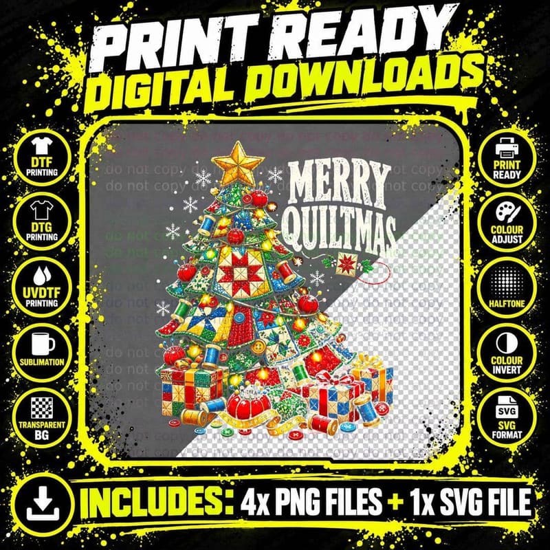 Merry Quiltmas Patchwork Quilt Christmas Tree Quilter Png SVG Digital Bundle