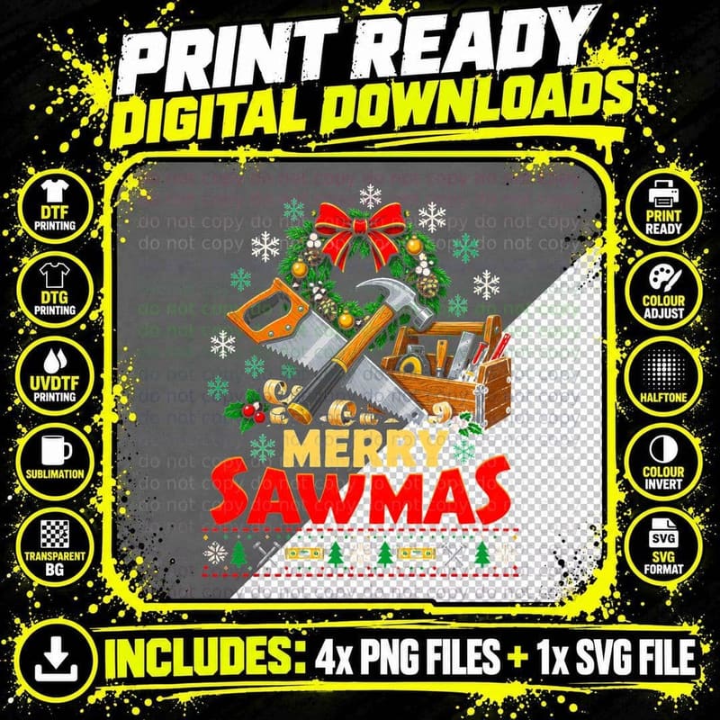 Merry Sawmas Carpenter Saw Hammer Wreath Woodworker Png SVG Digital Bundle