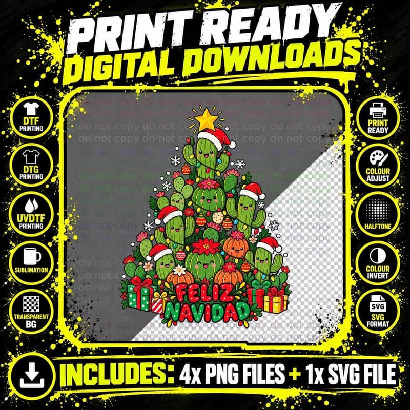 Mexican Cactus Christmas Tree Feliz Navidad Cute Desert Png SVG Digital Bundle