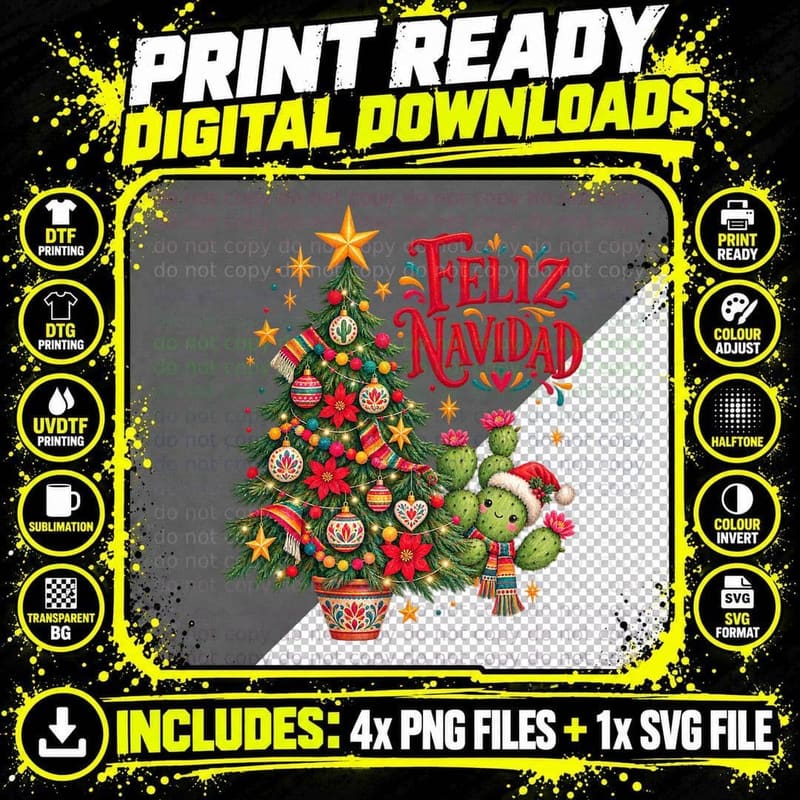 Mexican Cactus Christmas Watercolour Feliz Navidad Png SVG Digital Bundle